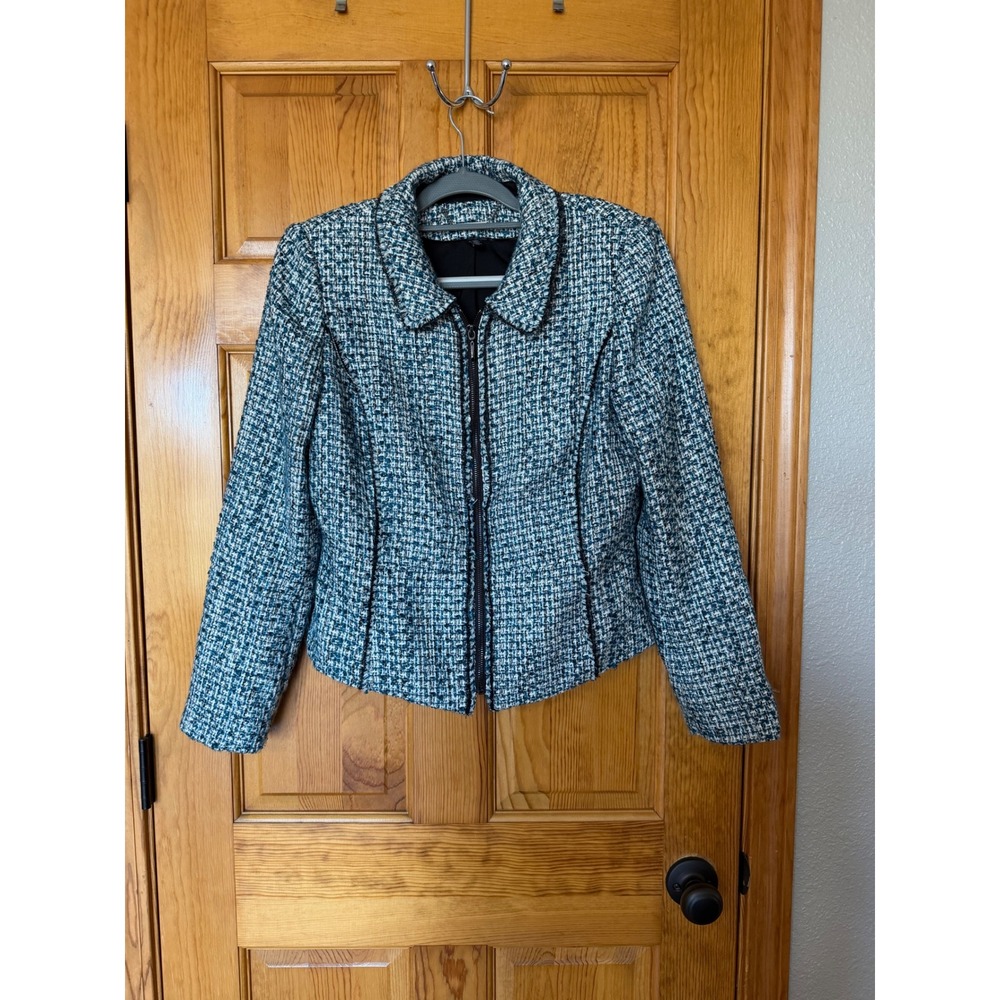 White House Black Market Teal Tweed Zip Front Blazer Jacket Size 10